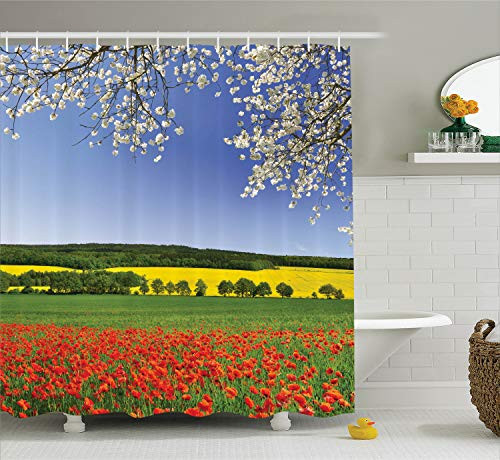 Ambesonne Flower Decor Shower Curtain Set, Poppy Field with A Spring Landscape and Blossom Tree View in Meadow Nature Image Home Decor, Bathroom Accessories, 75 Inches Long, Red Blue