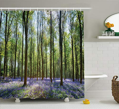 Ambesonne Woodland Decor Shower Curtain Set, Bluebells in Wepham Woods Landscape Flowers Rural Countryside Woodland, Bathroom Accessories, 75 Inches Long, Green Lavender