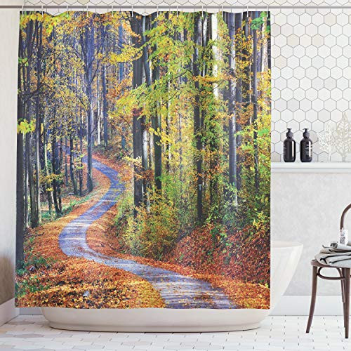 Ambesonne Farm House Decor Collection, Winding Path Through Fall Forest with Golden Leaves on Road Landscape Photo, Polyester Fabric Bathroom Shower Curtain, 75 Inches Long, Brown Orange Green