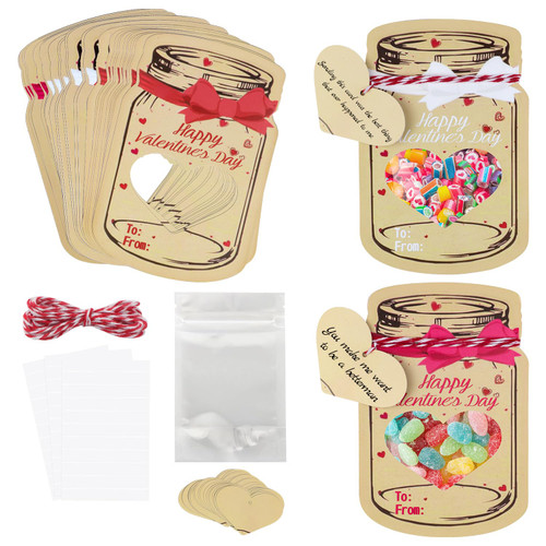 48Pcs Valentines Cards for Kids Mason Jar Happy Valentines Day Cards Candy Holder Card Bulk Valentine Candy Bag Jar Valentine's Day Paper Jar for Classroom Exchange Party Favors(Candy Not Included)