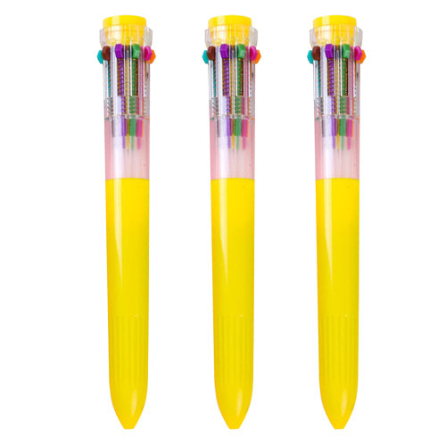 HeTaoCat Multicolor Pens 3 Pack 0.5mm 10-in-1 Retractable Ballpoint Pens - 10 Colors Transparent Barrel Ballpoint Pen for Office Supplies (Yellow)