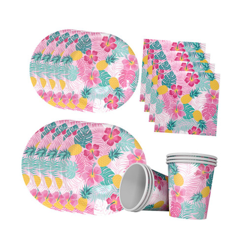 SEWOART 1 Set 28pcs Hawaiian Decor Dinner Table Decor Dining Room Table Decor Hawaiian Party Supplies Hawaii Paper Tableware Paper Cups Party Tableware Pink Banquet Summer Dessert Plate