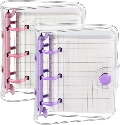 2 Sets Mini 3 Ring Binder Transparent Covers with Mini Binder Inner Paper Pockets Clear Soft PVC Notebook Closure Loose Leaf Folder Round Ring Binder Cover Protector with Snap Button (Purple+Pink)