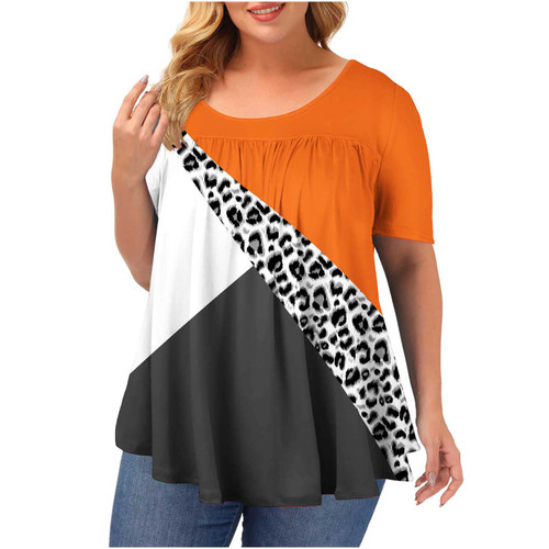 oelaio Womens Short Sleeve Plus Size Tunic Tops to Wear with Leggings V-neck Button Pleated Long Loose Fit Shirt Boho Floral Printed Blouses Summer Casual Hide Belly Tunics Shirts Orange