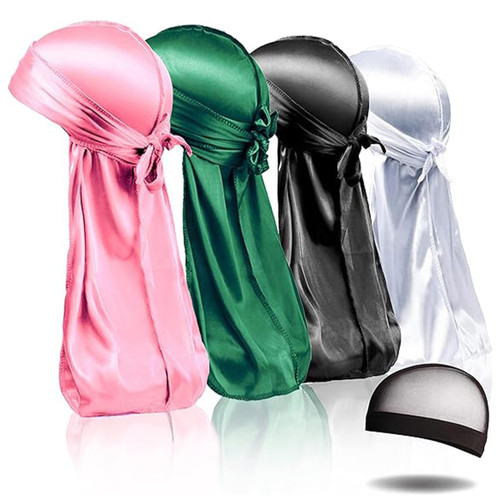 4PCS Silky Durags, Silk Durag for Men Women Waves, Silk Durag Pack with 1 Wave Cap, Silky Satin Durag Extra Long Tails(Green, Pale Pink, Black, Ivory)