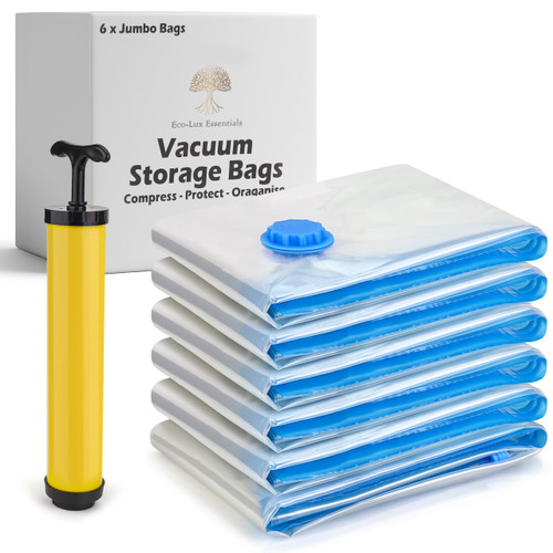 Vacuum Storage Bags - Clothes Storage Bag Vacuum Pack - Space Saver Vacuum Storage Bags for Clothes Storage, Vacuum Bags for Bedding - Vacuum Bags for Clothes - with Pump (6 Pack Jumbo)