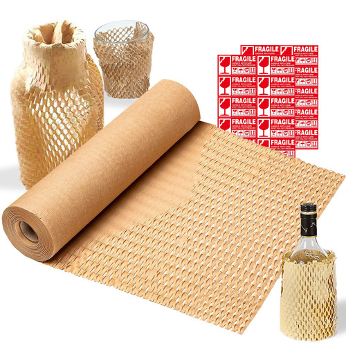 Honeycomb Packing Paper,Honeycomb Cushioning Wrap Roll for Moving Breakables or Shipping,Recyclable Honeycomb Bubble Paper Roll ,Eco Friendly Kraft Paper Packaging Roll with 20 Fragile Labels