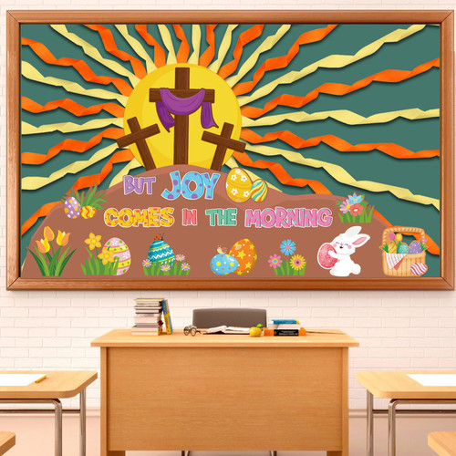 Pasimy 23 Pcs Easter Bulletin Board Decoration Easter Spring Classroom Bulletin Board Set Religious Jesus Egg Bunny But Joy Comes In the Morning Cutouts for Home School Classroom Bulletin Board Decor