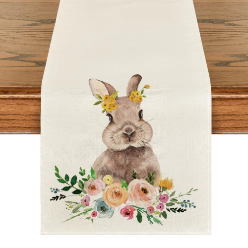 Artoid Mode Easter Bunny Easter Table Runner, Seasonal Spring Flowers Holiday Kitchen Dining Table Runner for Home Party Decor 13 x 90 Inch
