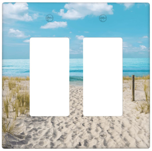 Blue Ocean White Sand Beach Double Rocker Wall Plate Covers 2 Gang Light Switch Cover Decorative Faceplate for Bathroom Bedroom Kitchen Room Decor Wallplate 4.5 x 4.6 in