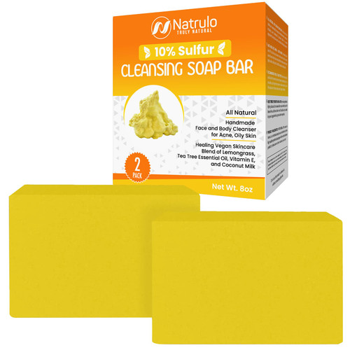 10% Sulfur Soap Cleansing Bar for Face & Body  All Natural Facial Cleanser for Acne, Oily Skin  Healing Skincare Blend of Lemongrass, Tea Tree Essential Oil, Vitamin E, Coconut Milk  Made in USA