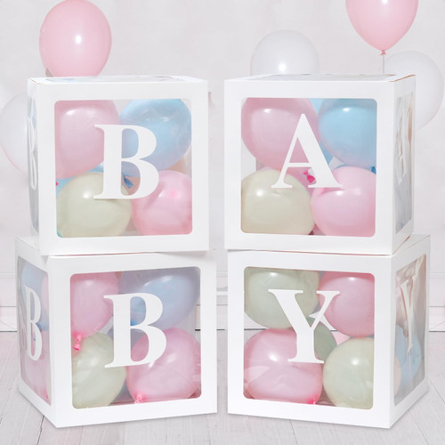 RUBFAC Baby Boxes for Baby Shower Decoration with 8 Letters and 36 Pastel Blue Pink Sand White Balloons, 4pcs Transparent Clear Balloon Boxes Blocks for Boy Girl Gender Reveal Birthday Party Backdrop