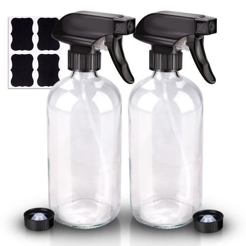 Wedama Glass Spray Bottle, 2 Pack Clear 16oz Glass Spray Bottles for Cleaning Solutions and Essential Oils, Refillable Empty Spray Bottle with Adjustable Nozzles for Alcohol, Plant and Hair Care