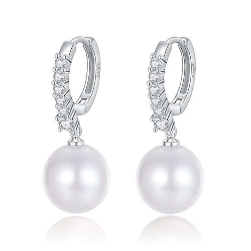 Pearl Earrings for Women 925 Sterling Silver White Gold Pearl Drop Earrings Dangle Cubic Zirconia Pearl Earrings Large Size 12mm for Girls Mother Her (Silver)
