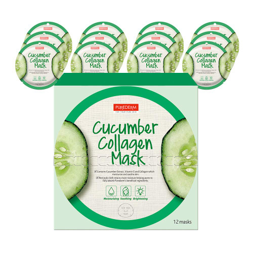 Purederm Cucumber Collagen Mask (12 Pack) - Cucumber Extracts, Collagen, and Vitamin E Ingredients to Help Moisturize and Soothe the Skin