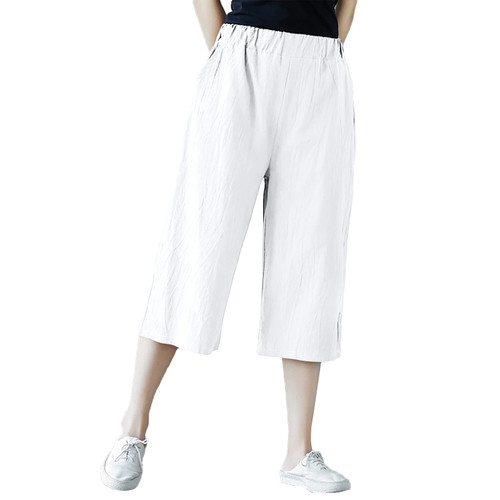 Bblulu Cotton Linen Pants Women Cotton Blend Harem Beach Lightweight Pants Casual Elastic Waist Trousers Wide Leg Pants White