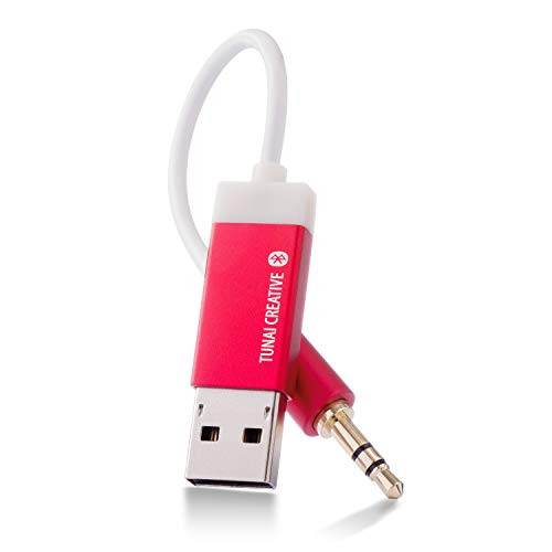 TUNAI Firefly Bluetooth Receiver: Worlds Smallest Wireless Audio Bluetooth 4.2 Adapter with 3.5mm AUX for Car/Home Stereo Music Streaming; Auto On, No Charging Needed - Car Kit (Red)