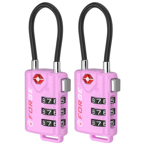 Forge TSA Approved Cable Luggage Locks, 2 Pink Locks, Re-settable Combination with Alloy Body