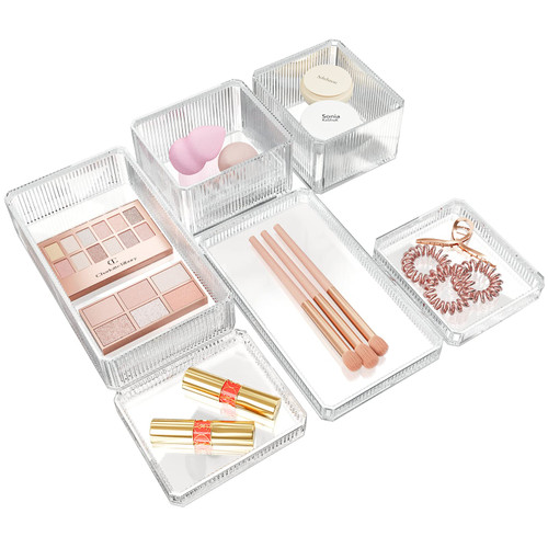 Lolalet Stackable Drawer Organizer for Makeup, Multi-size Clear Plastic Makeup Drawer Organizer Trays Bathroom Vanity Storage Bins and Office Desk Drawer Dividers -6 Pcs
