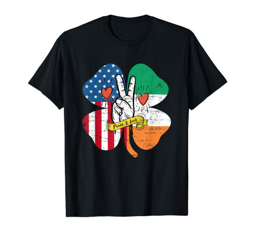 St Patrick's Day Irish American Flag Peace Love Shamrock T-Shirt