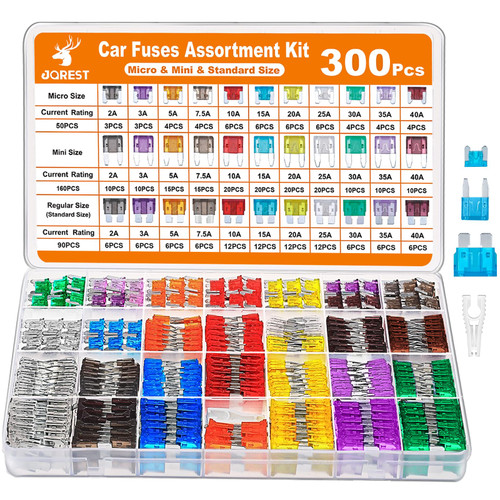 JOREST 300Pcs Car Fuse Assortment Kit, 160 Mini Blade Fuses Automotive + 90 Standard Auto Fuses + 50 Micro Fuse + Fuse Puller  for Car/RV/Truck/Motorcycle(2Amp 3A 5A 7.5A 10A 15A 20A 25A 30A 35A 40A)
