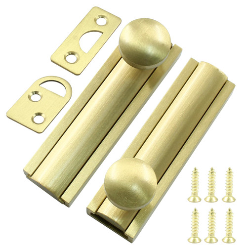 Coufce 2pcs 2 Inch Solid Brass Slide Bolt, Gold Gate Latch Sliding Screen Door Lock, Surface Bolts for Doors Cabinet Cupboard with Screws