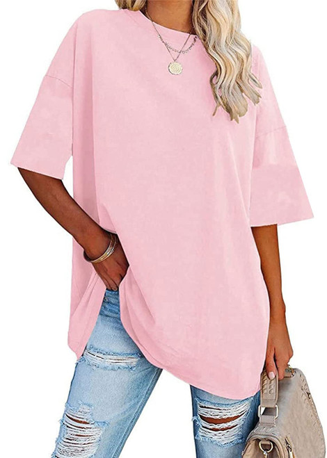 ETATNG Womens Oversized Tees Short Sleeve Crew Neck Summer Casual Pullover Loose T-Shirts Pink M
