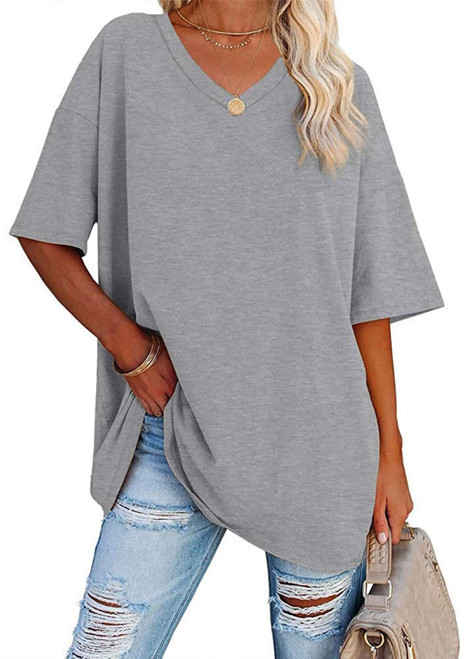 ETATNG Womens Oversized T Shirts Tees Half Sleeve V Neck Casual Comfy Loose Summer Blouse Tops Grey S
