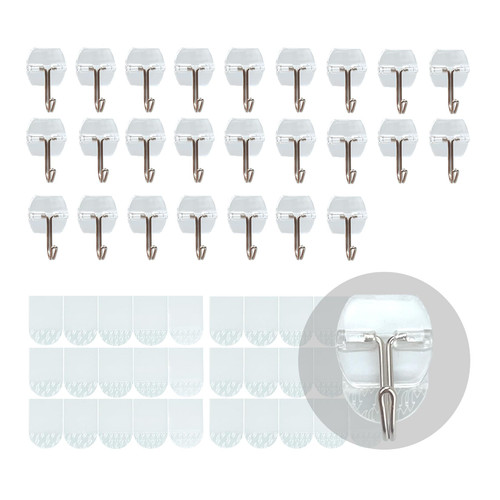 Karsbarwe 25 Hooks 30 Strips, Clear Small Wall Hooks for Hanging, Wire Toggle Hooks, Damage-Free Utility Hooks Heavy Duty with Adhesive Strips for Hanging Decorations in Living Spaces, No Tools.