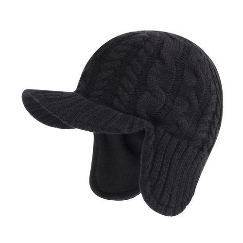 LLmoway Men Women Knit Beanie Hat with Brim Winter Earflap Hat Fleece Lined Visor Newsboy Cap Black