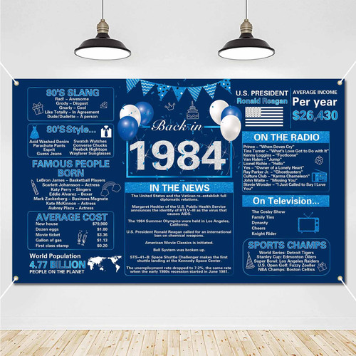 Crenics 40th Birthday Decorations for 1984, Blue and Silver Back in 1984 Birthday Backdrop Banner 5.9 x 3.6 Ft, 40 Years Old Birthday Party Supplies for Men or Women