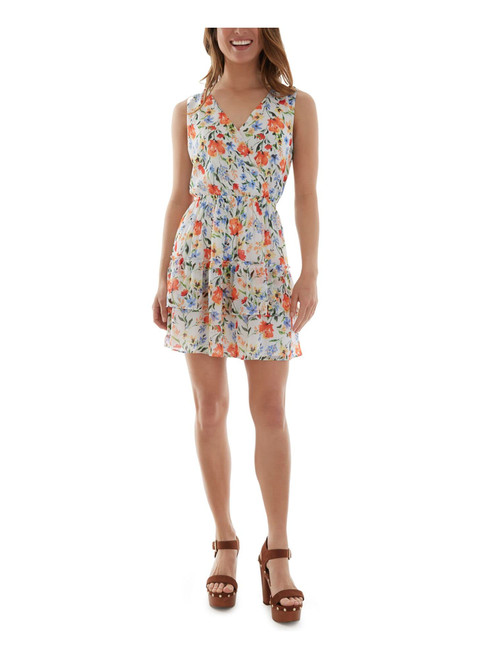 BCX DRESS Womens White Floral Sleeveless Surplice Neckline Mini Fit + Flare Dress Juniors XS