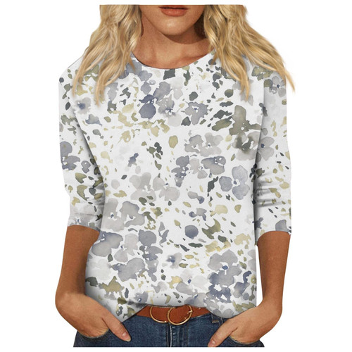 Womens Tops Womens Tops 3/4 Length Sleeves Womens Blouses Casual Round Neck Loose Casual Blouses Floral Print Tshirts X-Large 02-Light Gray