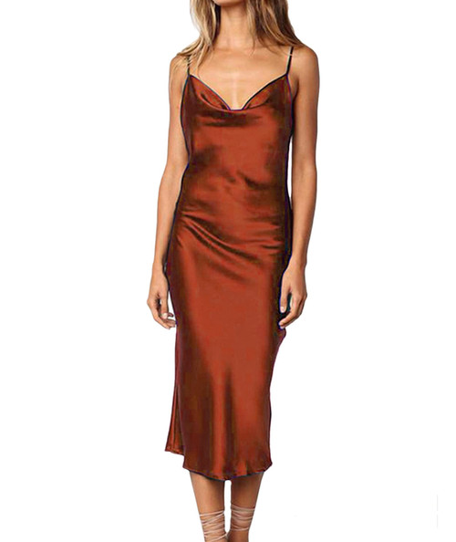 xxxiticat Women's Sleeveless Spaghetti Strap Satin Dress Cocktail Beach Evening Party Cowl Neck Dot Leopard Midi Dresses(BR,M)