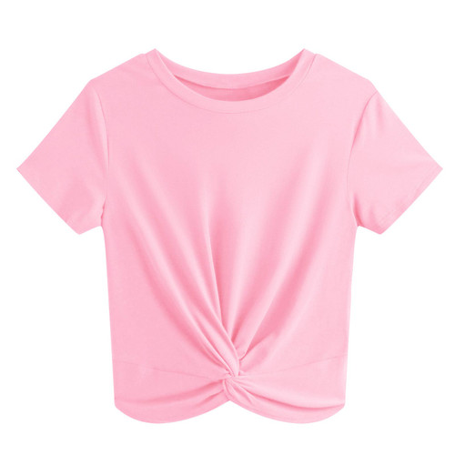 JINKESI Women's Summer Causal Short Sleeve Blouse Round Neck Crop Tops Twist Front Tee T-Shirt Pink-Large