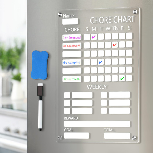 Seajan Acrylic Chore Chart for Kids Magnetic Clear Chore Chart for Fridge Acrylic Dry Erase Calendar Board Weekly Reward Chores Chart with Marker and Eraser for Kids(Delicate, 14 x 9 Inch)