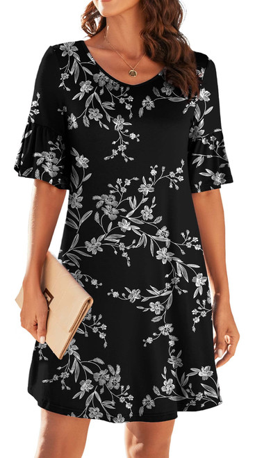 Actcat Dresses for Women Short Sleeve Ruffle V Neck Casual Floral Sun Dress Flowy Mini Dress,Medium,Floral White Black