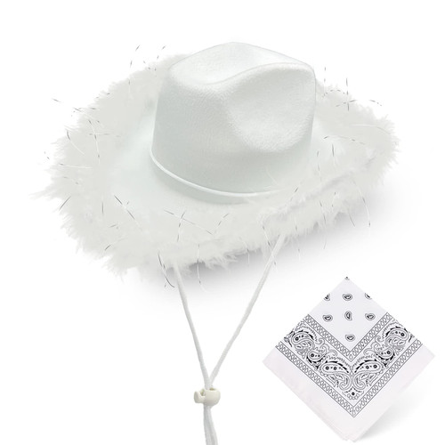 LMJFOR White Cowboy Hat with Feather, Bride Cowgirl Hat with Bandana Cowgirl Hats for Women Men Halloween Bachelorette Birthday Costume Party
