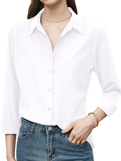 BBIBBI Long Sleeve Shirts for Women White Button Up Shirt Blouse Womens Down Tops Blouses Fashion Oxford Dressy Casual White Size M
