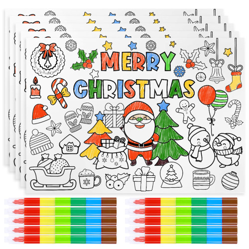 30 Sets Crayon Christmas Placemats for Kids Santa Paper Place Mat Merry Christmas Coloring Activity Christmas Tree Table Mat Sheets for Xmas School Party Decorations