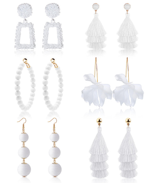 Florideco 6 Pairs Statement Earrings Boho Tassel Earrings Raffia Earrings Dangle Geometric Earrings Fringe Drop Handmade Earrings Hot Pink Earrings for Women Girls White