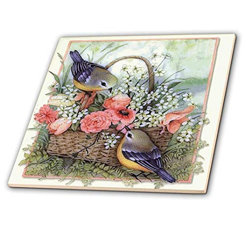 3dRose ct_167135_4 Pretty Sparrows in a Beautiful Basket of Roses Ceramic Tile, 12"