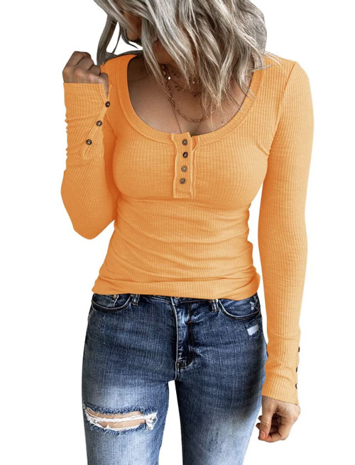 Bingerlily Womens Slim Fit Henley Tops Long Sleeve Button Shirts V Neck Cute T Shirts Orange