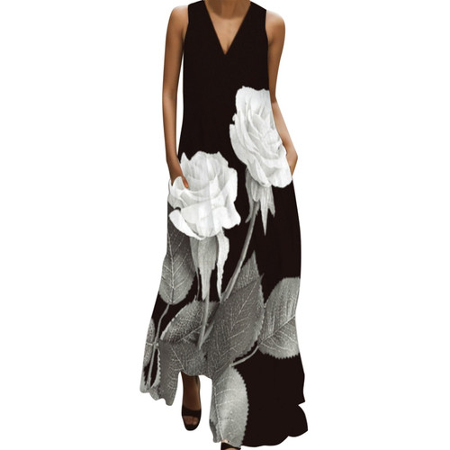 Womens Summer Dress Bodycon Sleeveless V Neck Maxi Sundresses Swing Casual Pockets Boho Tank Dress Vestidos Elegantes De Mujer para Fiesta White Womens Summer Dress Bodycon Sleeveless V Neck Maxi Sundresses Swing Casual Pockets Boho Tank Dress Vestidos Elegantes De Mujer para Fiesta White