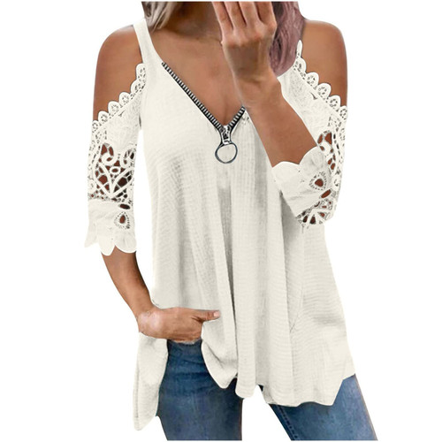TUNUSKAT Plus Size Tunic Tops For Women, Sexy Cold Shoulder Dressy Blouse Lace Crochet 3/4 Sleeve T Shirts Casual V Neck Top