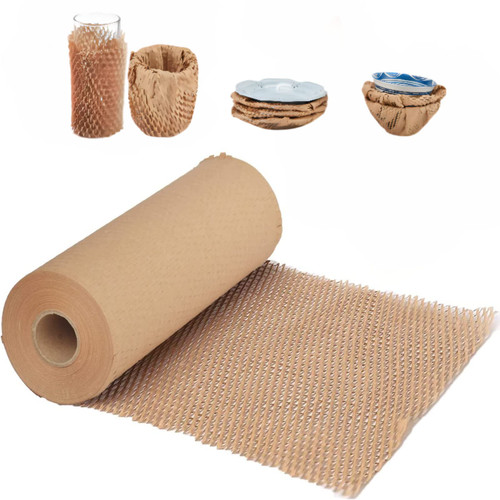 Honeycomb Packing Paper, 15"x131' Honeycomb Cushioning Bubble Wrap Paper Roll for Moving Shipping Breakables Packaging Gifts with 20 Fragile Sticker Biodegradable & Fully Recyclable Brown Kraft