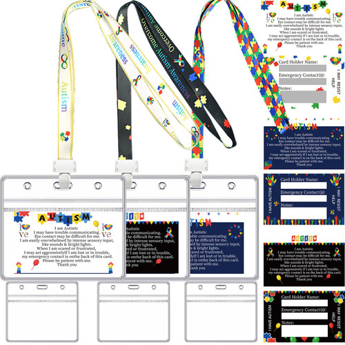 3 Set Autism Alert Card, ADHD Awareness Cards, Autistic Emergency Contact Card with Autism Lanyards & Clear Plastic Waterproof Protector, Non-Verbal Communication Cards, Hard& PVC