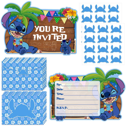 NIAYOU 20 Pcs Blue Stitch Invitation Cards- Stitch Birthday Party Invitation Cards With Sticker Labels, 20 Envelope Birthday Invitations for Kids Birthday Party Supplies