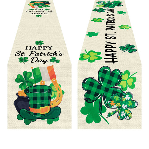 2PCS St. Patrick's Day Table Runners, Green Buffalo Plaid Shamrock St. Patrick's Day Table Runner, Seasonal Spring Holiday Kitchen Dining Table Decoration for Indoor Outdoor Home Party Decor 13 x 72In