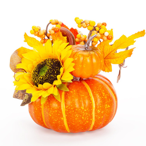 BigOtters 7Inch Artificial Pumpkin, Large Decorative Pumpkins Topped Artificial Sunflower Maple Leaves Eucalyptus Fake Pumpkins for Fall Halloween Thanksgiving Table Centerpiece